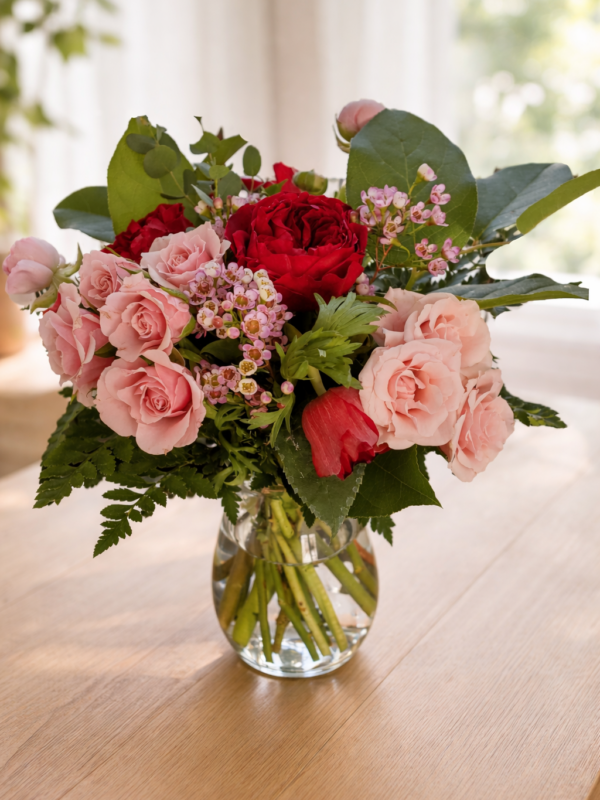 A clear glass vase with a bouquet of red and pink roses, greenery, and small pink flowers sits on a wooden table.